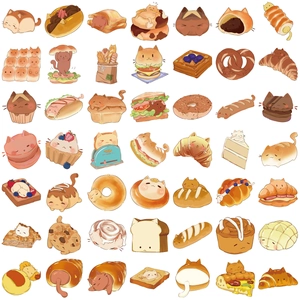 50 pieces of cute cartoon cat bread doodle stickers for DIY laptop and guitar decoration