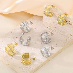 Luxe C-shaped titanium steel earrings with four rows of sparkling rhinestones
