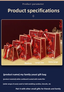 Detailed size comparison chart for festive red gift bags with elegant ribbon handles