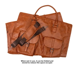 Brown faux leather 2-in-1 convertible travel garment bag in a folded storage state