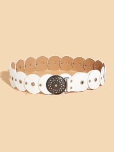 Detail of white PU leather western belt with circular patches and vintage metal buckle