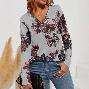 Damen V-Ausschnitt Langarmshirt mit Blumenmuster und Metallreißverschluss für die Freizeit