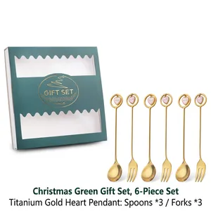 Christmas gift set with 3 titanium gold heart pendant spoons and 3 forks in green box