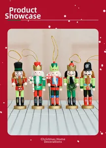 Detailed view of five wooden Christmas nutcrackers with festive uniforms and gold hanging cords