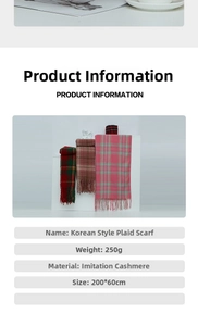 Detail showing red plaid cashmere imitation scarf with fringe and 200x60cm dimensions