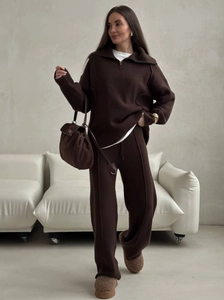 Women Knitted Pullover And Pants Half Zip High Neck Long Sleeve Solid Color Casual Streetwear Loungewear Cotton Blend