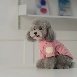 Pink warm dog shirt with bear patch for small dogs like Poodle or Schnauzer