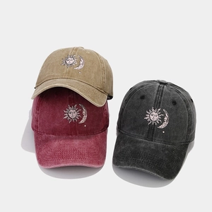Vintage washed cotton baseball caps with sun and moon embroidery in three colors