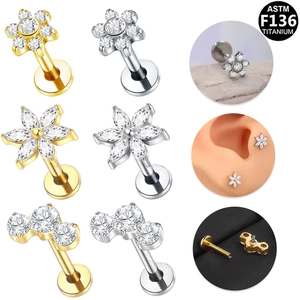 F136 Titanium Labret Stud Internal Thread Flower Tragus Cartilage Earring Nose Ring Rhinestone Inlaid Body Piercing Jewelry