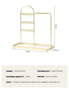Detailed view of gold metal jewelry organizer showing height dimensions and storage hooks