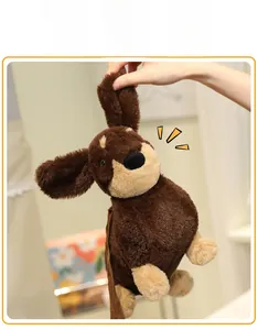 Detail of plush dachshund dog bag showing full polyester filling and 3D shape