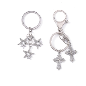 Gothic silver metal keychains with rhinestone star and cross pendants for backpacks