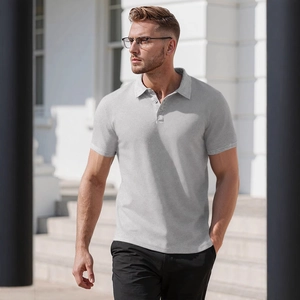 Men's grey waffle knit short sleeve polo shirt with buttons in a modern slim fit design