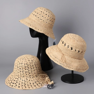 Chapeau De Seau En Paille De Raphia 100 Pour Cent Pour Femmes Crochet Bord Large Pliable Chapeau De Soleil UPF 50 Plus Élégant