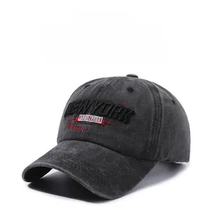 Close-up of vintage washed cotton baseball cap with 3D New York embroidery detail