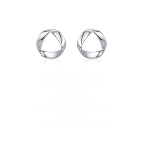 Macro detail of polished s925 silver stud earrings featuring a twisted Mobius wave design