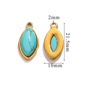Gold stainless steel marquise pendant with turquoise stone measuring 21.5mm by 10mm
