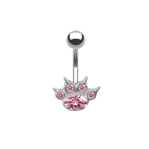 Silver stainless steel belly ring with cat paw design and pink crystal stones inlay