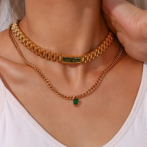 Double-layered gold chain necklace with square green zircon and pear-shaped pendant