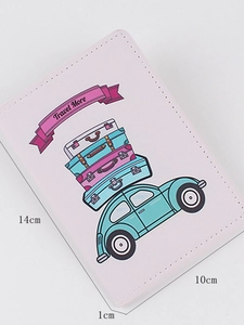Pink PU leather passport holder with cartoon car design and 14x10x1cm size markers