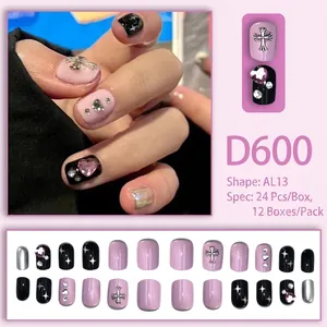 Pink heart and silver cross press-on nail set with glitter diamond accents
