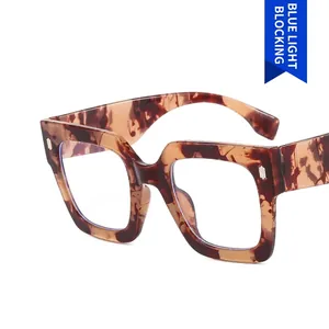 Classic tortoise shell oversized square blue light blocking glasses with silver rivets