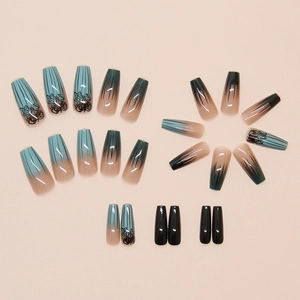 24pcs Dark Green and Black Press-on Nails with Rose Lines and Gradient Coffin Shape
