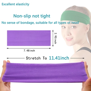Detail showing elastic sports headbands in purple and green with size and stretch info