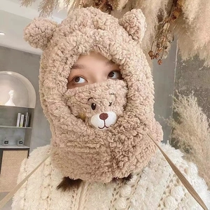 Cute plush bear balaclava for women, warm winter hood featuring bear ears and mask design