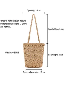 Hollow cotton rope woven bag for beach vacation with detailed dimensions and size chart