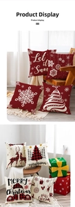 Detailed view of linen Christmas pillow covers featuring reindeer and snowflake prints