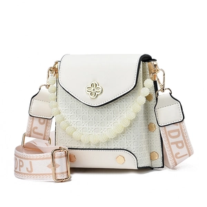 White woven crossbody bag with pearl chain and adjustable DPJ patterned strap