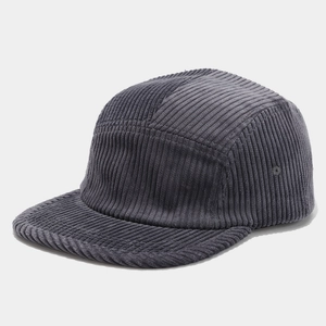 Detailed view of dark grey corduroy 5-panel camper hat with textured vintage fabric