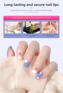 Close-up of waterproof pink and blue gradient press-on nails with cloud and rainbow art