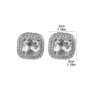 Detail view of silver square rhinestone earrings showing dimensions of 3cm by 1.18in