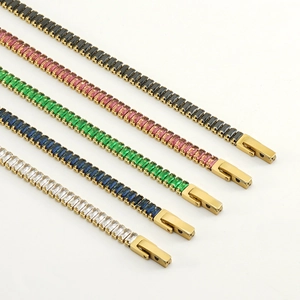 Five-color emerald cut zircon tennis bracelet set with gold plating and safety clasp