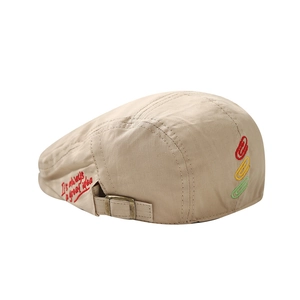 Beige cotton beret hat for kids with red letter embroidery and metal buckle detail