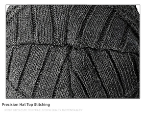 Detail of meticulous stitching and ribbed texture on dark grey knitted beanie hat