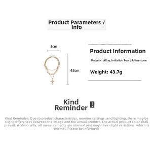 Detail view of multilayer cross pendant necklace with pearl and rhinestone specifications