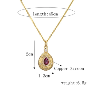 Golden necklace with water drop pendant, red gemstone and zircon accents, 45cm chain