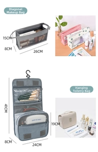 Detail view of grey travel toiletry bags with hanging hooks and mesh compartments