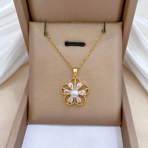 Flower Necklace And Earrings Jewelry With Artificial Pearl Zircon Titanium Steel Copper Gold Plated Silver Earring Post For Women