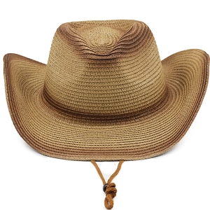 Western Cowboy Straw Hat Gradient Color Wide Curved Brim Adjustable Windproof Rope Outdoor Summer Travel Sun Beach Accessory