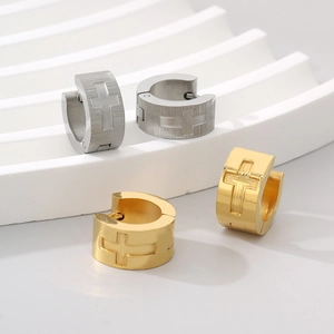 Titanium steel huggie earrings featuring embossed cross and Roman numeral details