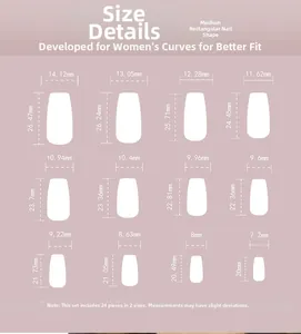 Size chart for French gradient press-on nails showing 24 pieces in 12 different dimensions