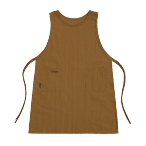 Brown cotton linen minimalist apron with front pockets and Certainly embroidery