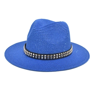 Electric blue straw fedora hat with black studded band for beach sun protection