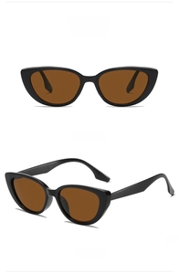 Front and side views of stylish black cat eye sunglasses with brown tinted lenses