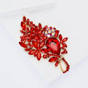Elegant vintage flower brooch with red crystals and gold-plated alloy for women's suits