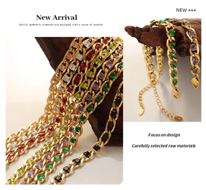 Detailed macro view of gold plated Cuban chain bracelet with multi-colored square gemstones